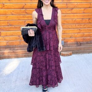 Molinetto Burgundy Lace Ruffled Tiered Sleeveless Maxi Dress